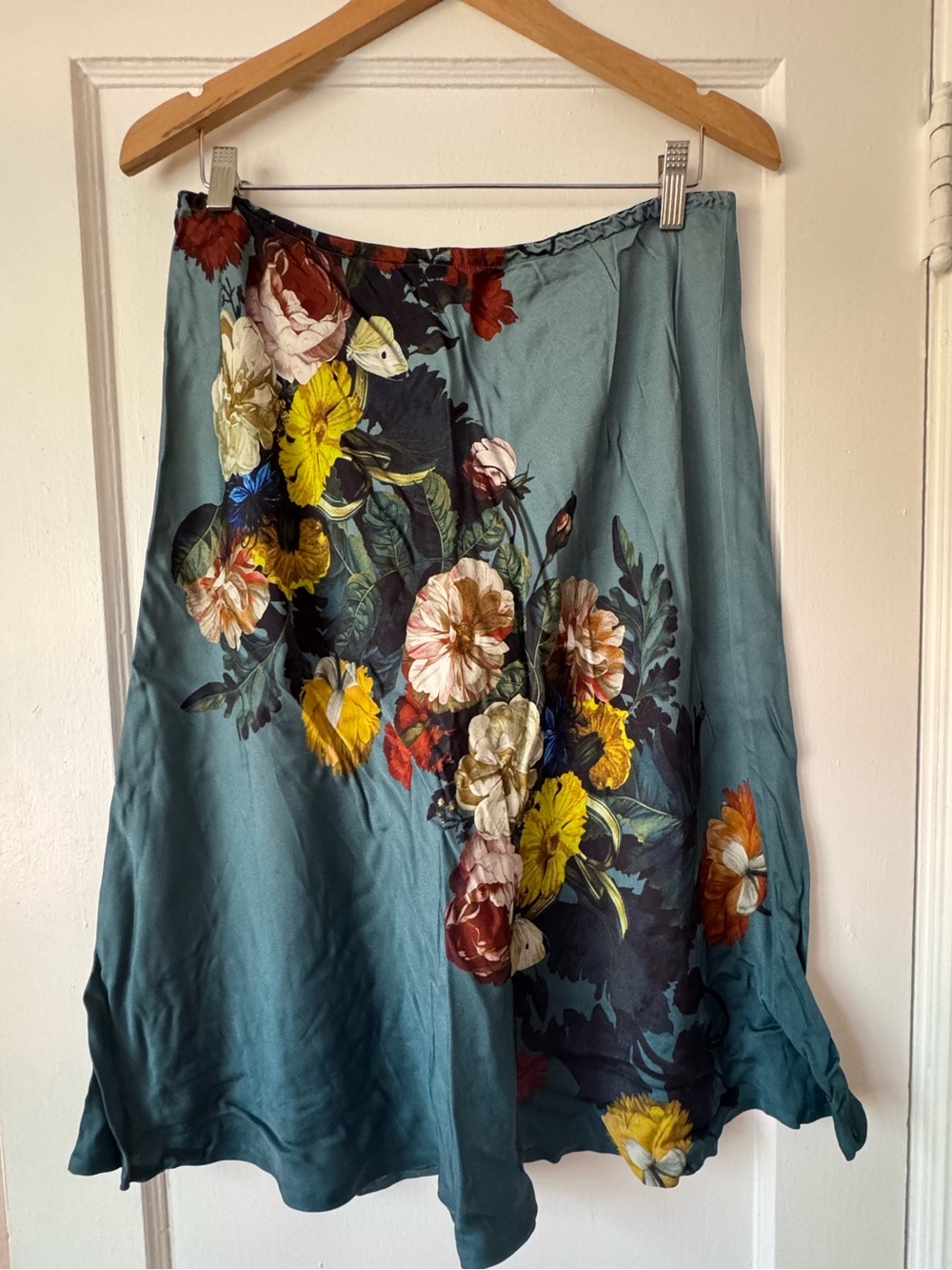 Kobi Halperin Teal A-Line Midi Skirt with Multicolor Floral Print